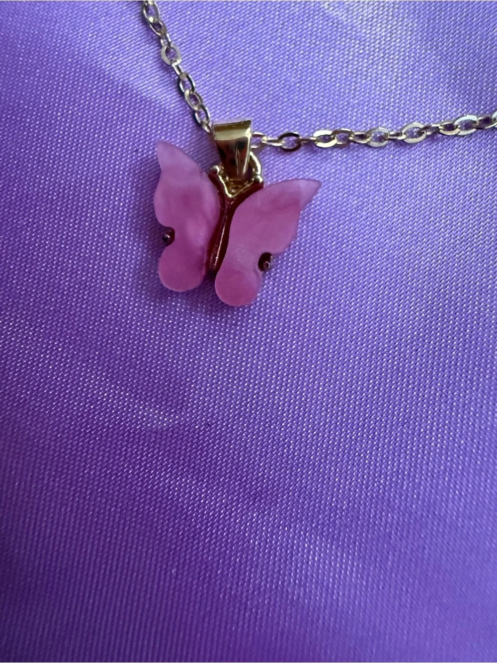 Beautiful Pink Butterfly Pendant Necklace - Gold Chain